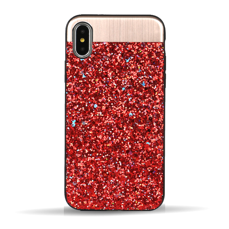 iPHONE X (Ten) Sparkling Glitter Chrome Fancy Case with Metal Plate (Red)